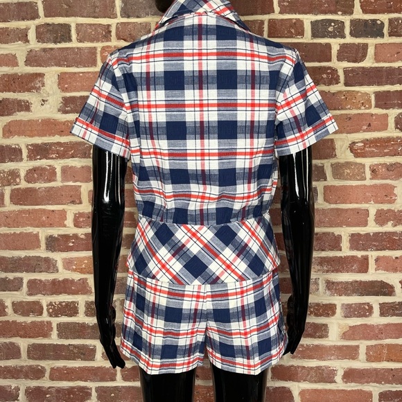 Vintage 70s Two Piece Plaid Short Set in Red White and Blue Seersucker Fabric - Picture 4 of 5